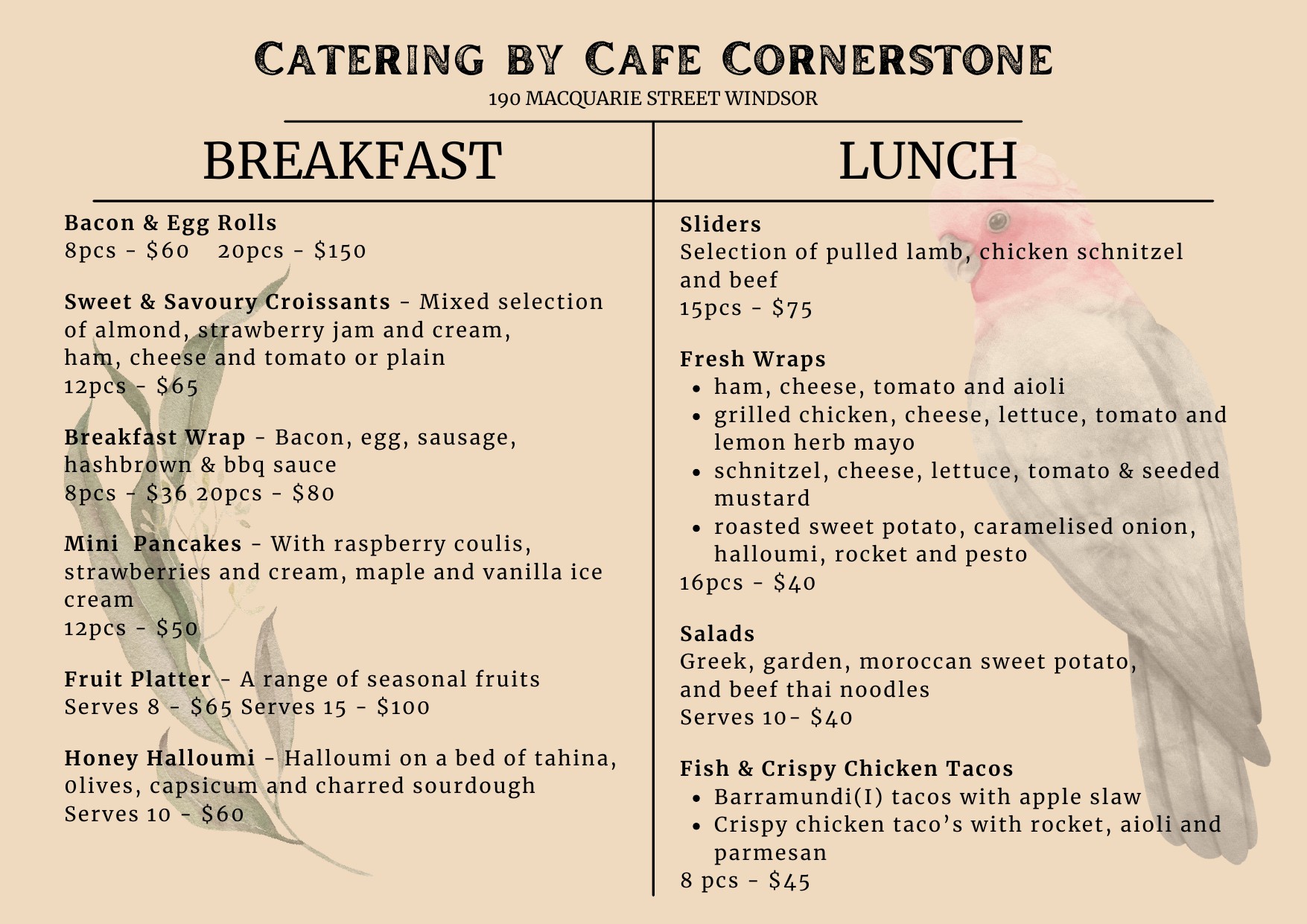Cafe Cornerstone printed catering menu design, page 1 of 2 — breakfast and lunch