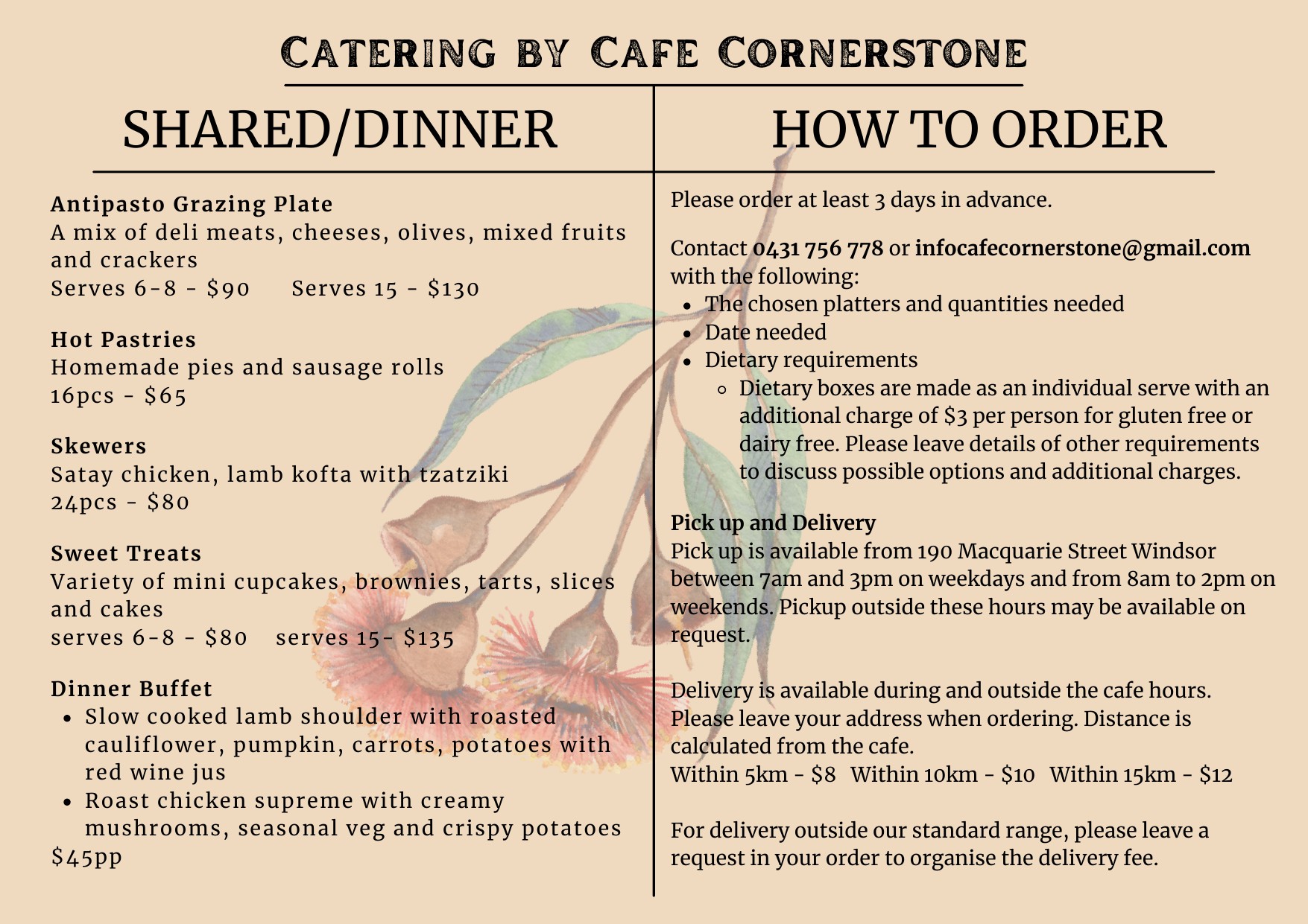 Cafe Cornerstone printed catering menu design, page 2 of 2 — shared, dinner and how to order
