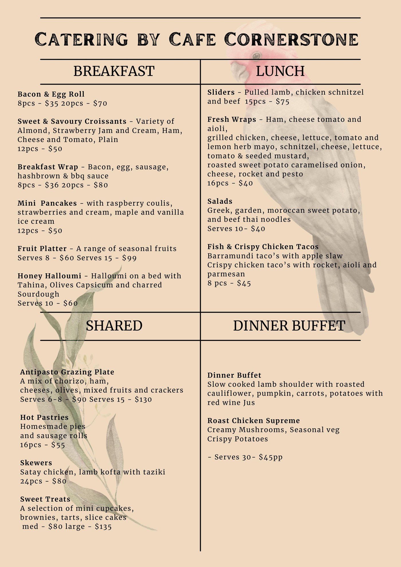 Cafe Cornerstone printed catering menu design