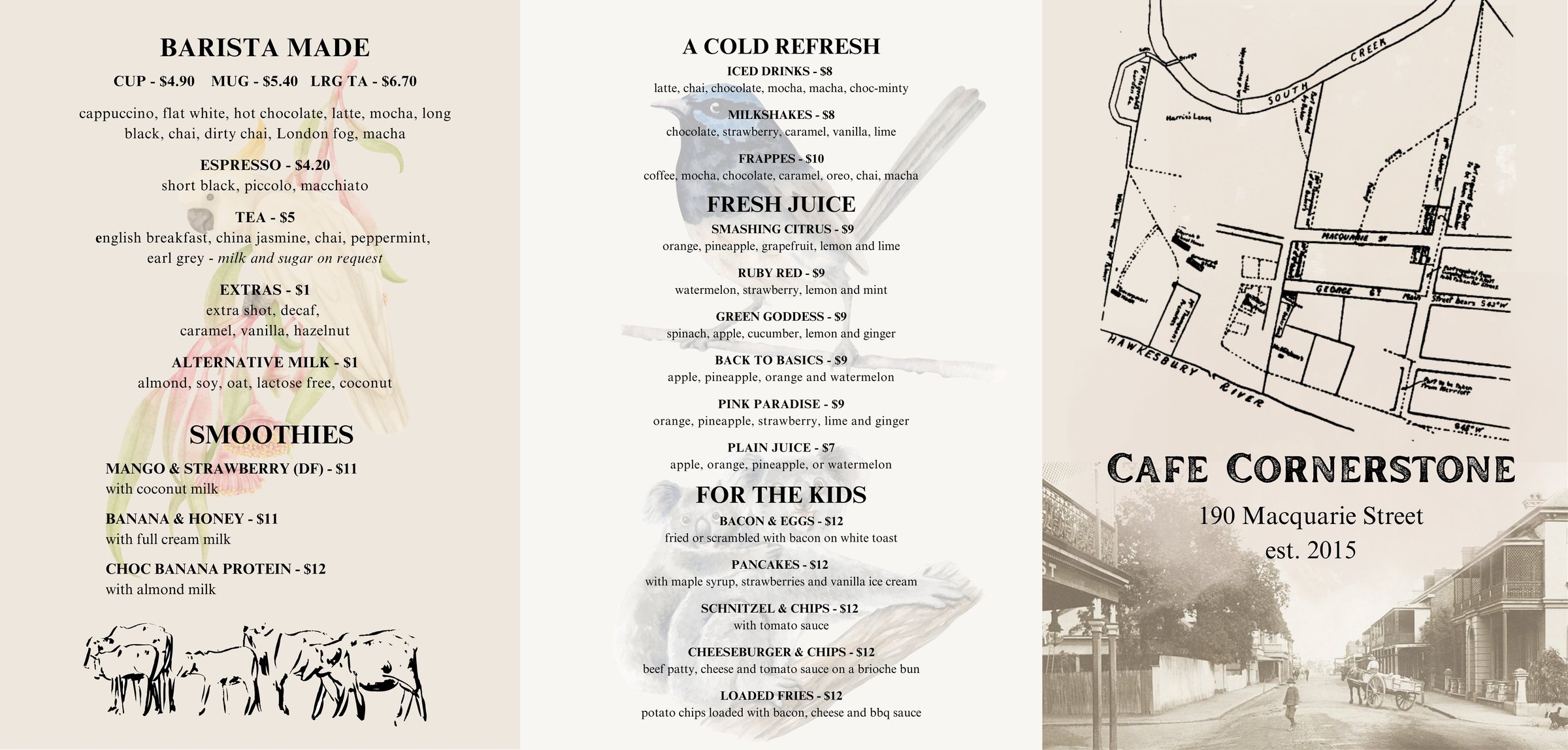 Cafe Cornerstone printed drinks menu design