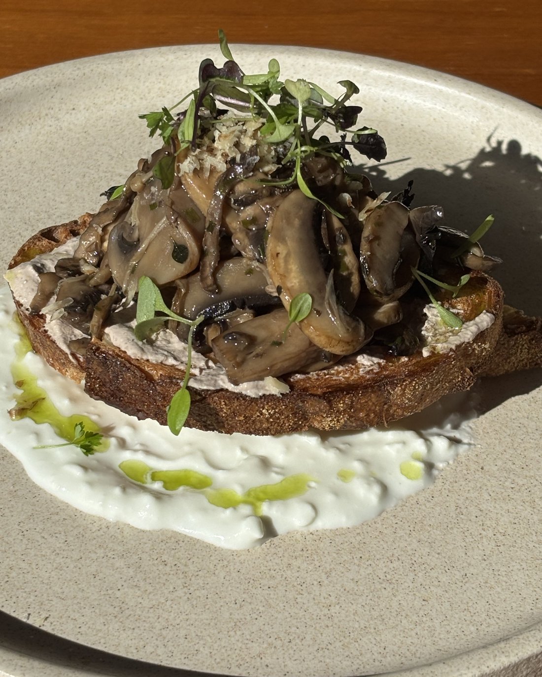 Mushroom bruschetta on sourdough with whipped ricotta